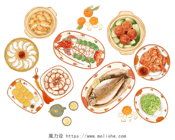 手绘古风中国风美食食物餐桌团圆饭年夜饭插画元素新年PNG素材